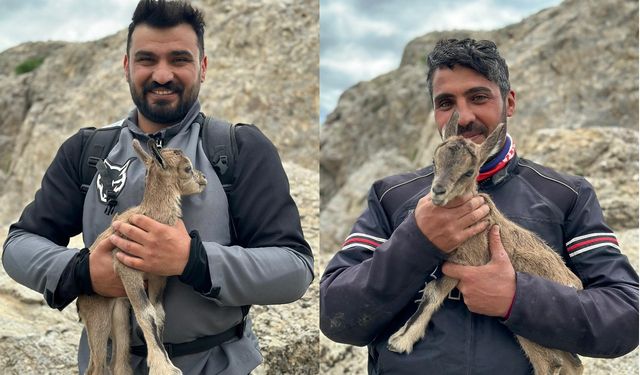 Dağda yeni doğmuş keçi yavrusuyla karşılaşan motosikletlilerin heyecanı kameraya yansıdı