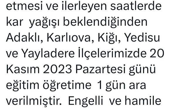 Bingöl’ün 5 ilçesinde okullar tatil edildi