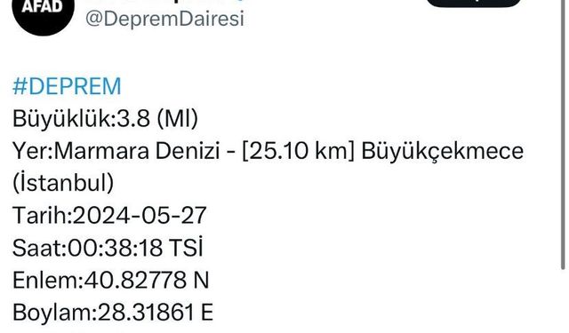 AFAD: Büyükçekmece’nin 25.10 kilometre açığında, Marmara Denizi’nde saat 00.38’de 3,8 büyüklüğünde deprem meydana geldi