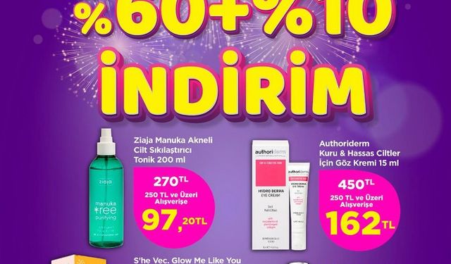 Gratis’de NET %60 +%10 İNDİRİM BAŞLADI! 250 TL ve Üzeri Alışverişlerde Yüz Bakımı Ürünlerinde %60 +%10 indirim