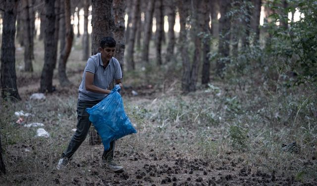 Erzurum'da planlı doğa yürüyüşlerine çıkan gönüllü "temizliyoruz" ekibi çevre temizliği yapıyor