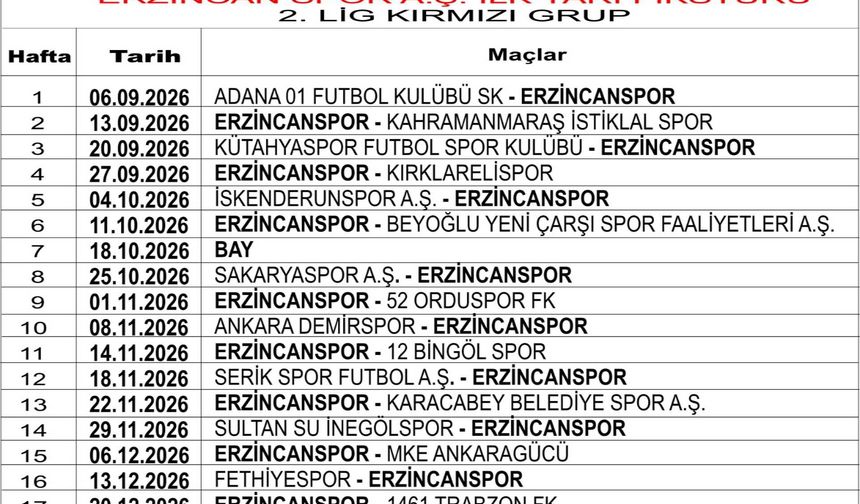 Erzincanspor'un İlk Devre Fikstürü
