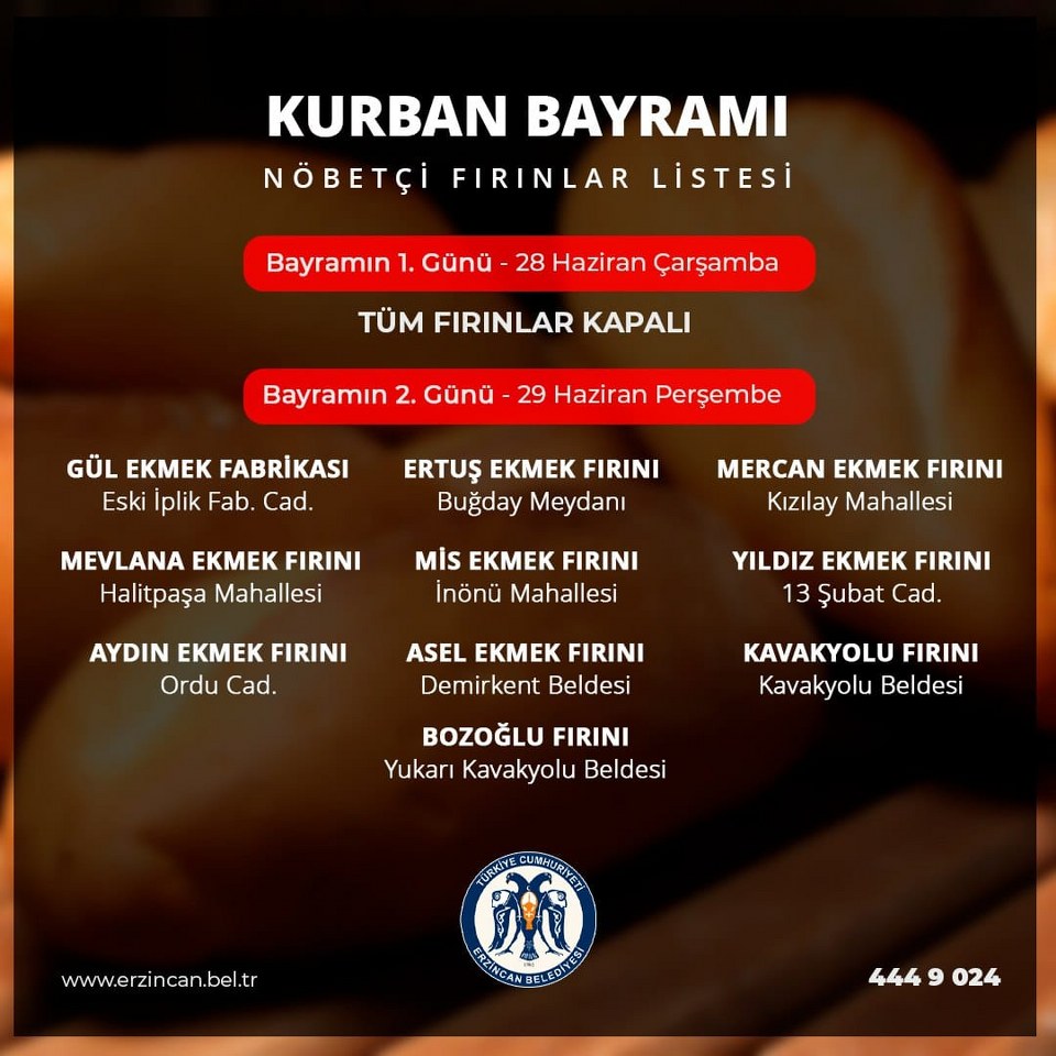 Kurban Bayramı Nöbetçi Ekmek Fırınları Listesi