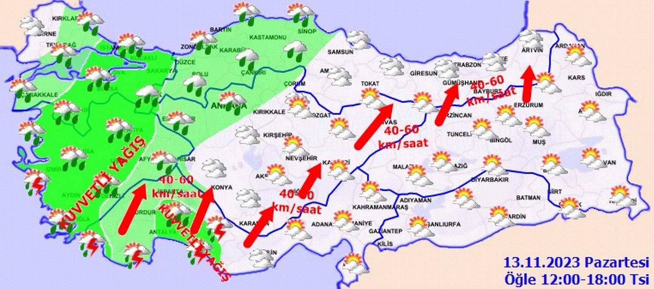 Batıda şiddetli yağış iç ve doğuda şiddetli rüzgar yarın ise kar etkili olacak (2)_1280x566