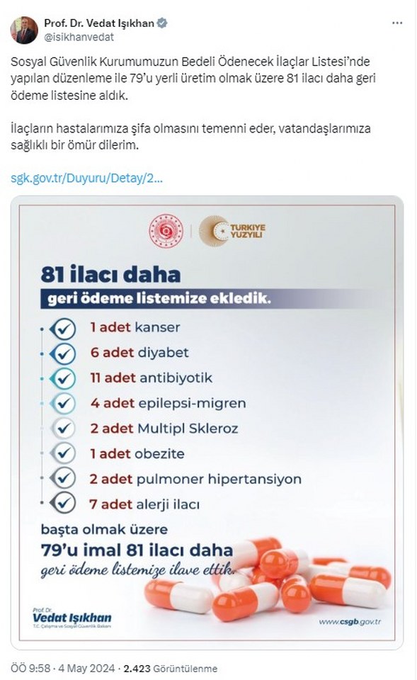 Çalışma Bakanı Işıkhan Ilaç Geri Ödeme Listesi 589X960