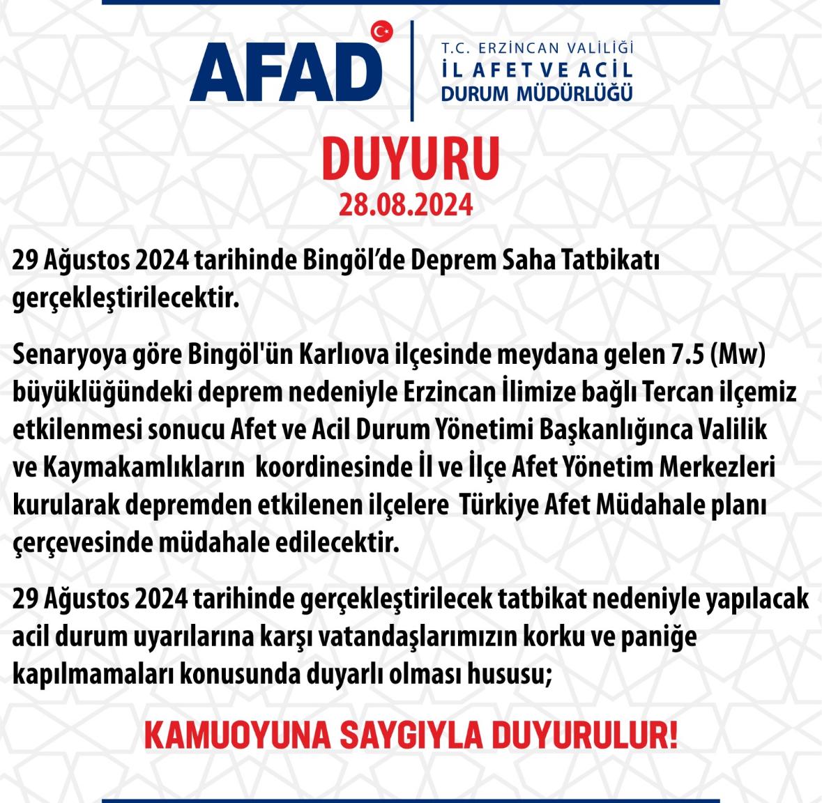 Afad Erzincan Duyurusu