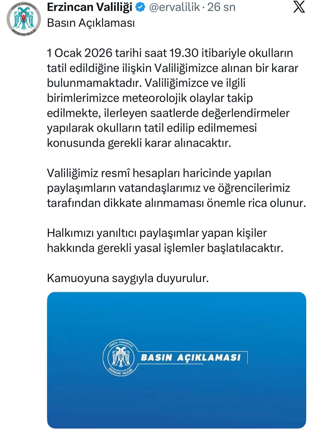 Erzincan Valiliği Basın Açıklaması