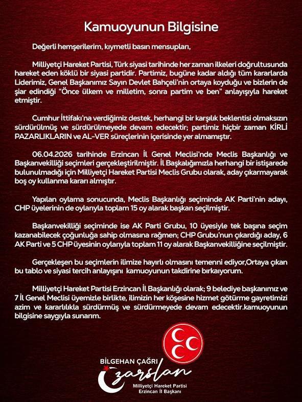 Erzincan Mhp’den “Kirli Pazarlık” Açıklaması