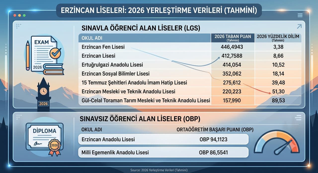 2026 Yılı Erzincan Liseleri Tahmini Yerleştirme Puanları